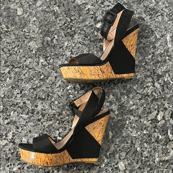 BCBGeneration Black and Natural Wedge Sandals with Ankle Strap - Picture 4 of 10